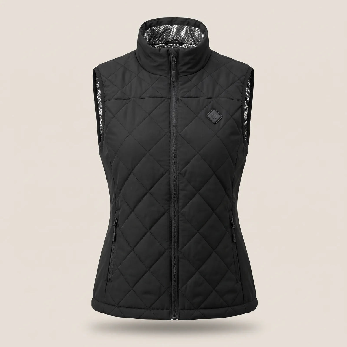 Women's heated vest in Black, front view with stand-up collar and diamond quilting