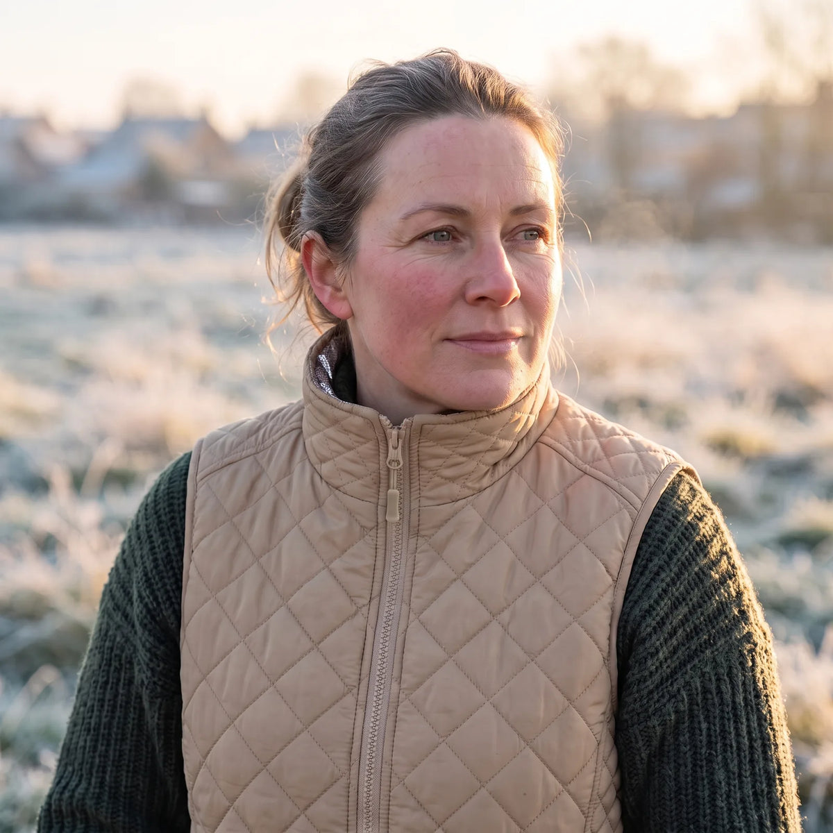 Woman with the stand-up collar of the sand heated vest zipped up on a frosty morning