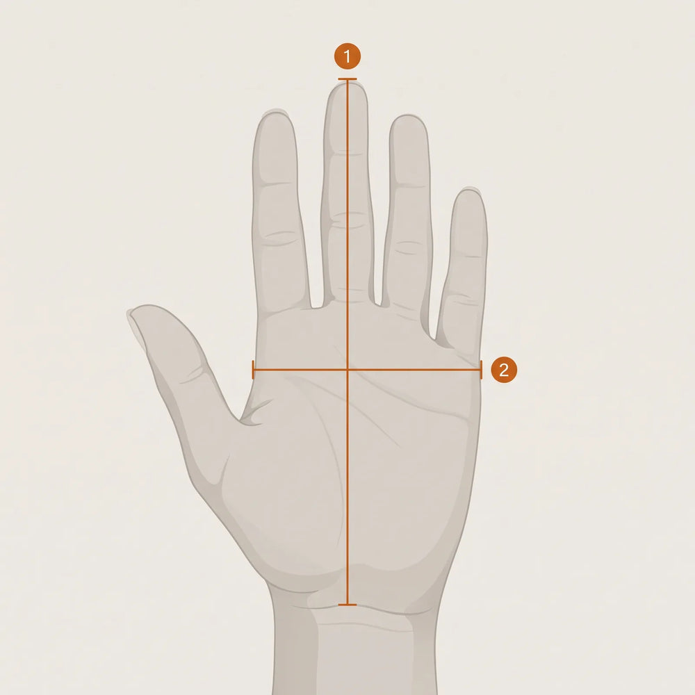 Open hand with two measuring lines: 1 hand length, 2 hand width