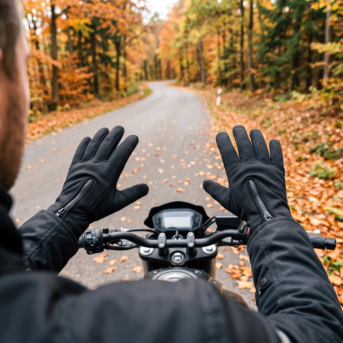 Rider wearing the Grip heated gloves on a motorcycle before a ride along an autumn country road