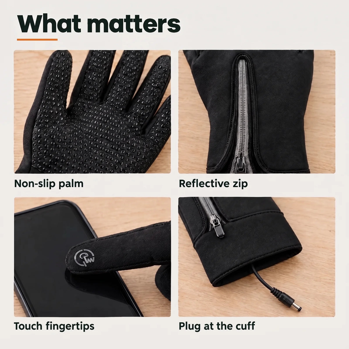 Grip details: non-slip palm, reflective zip, touch fingertips, plug at the cuff