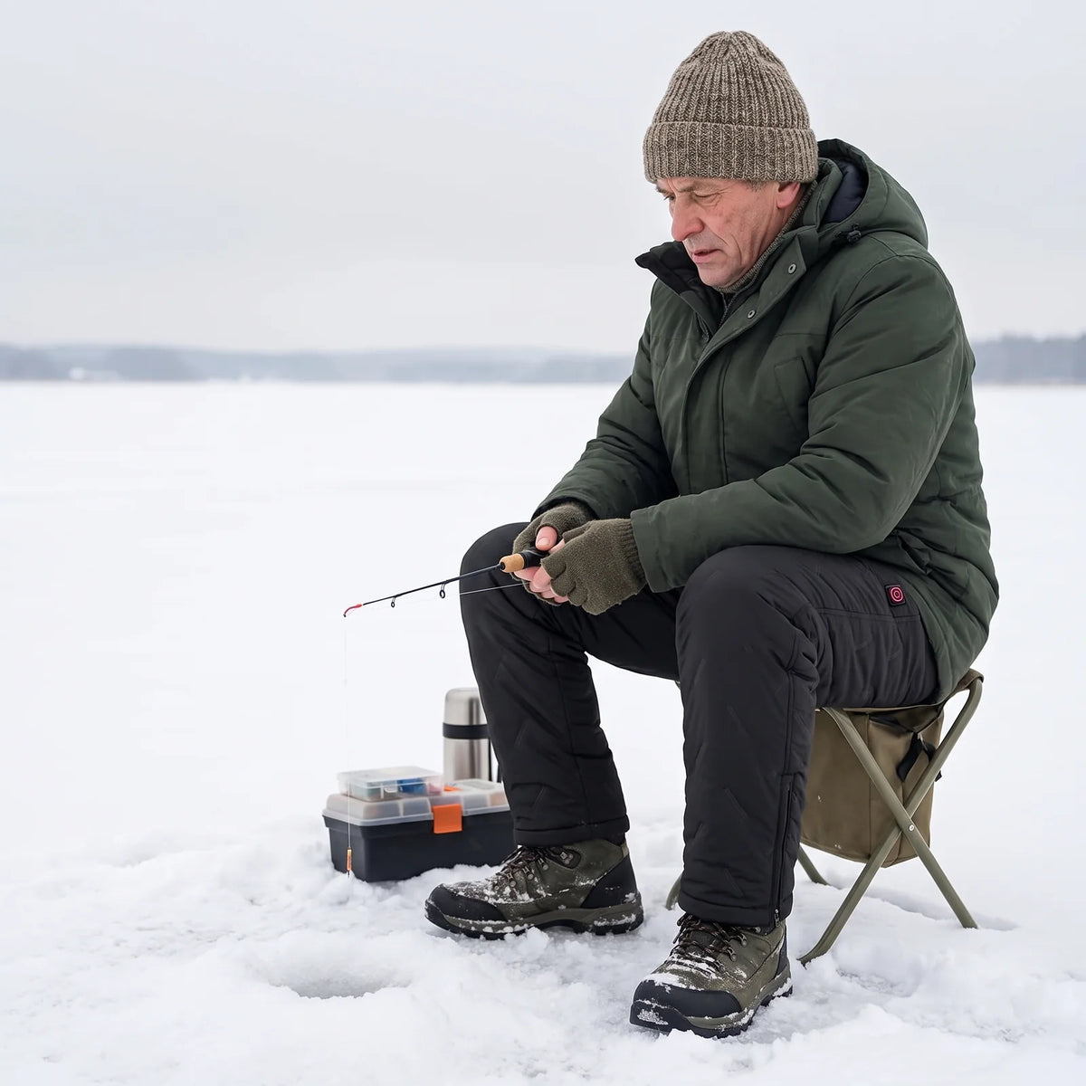 Man in black heated pants ice fishing on a stool on a frozen lake