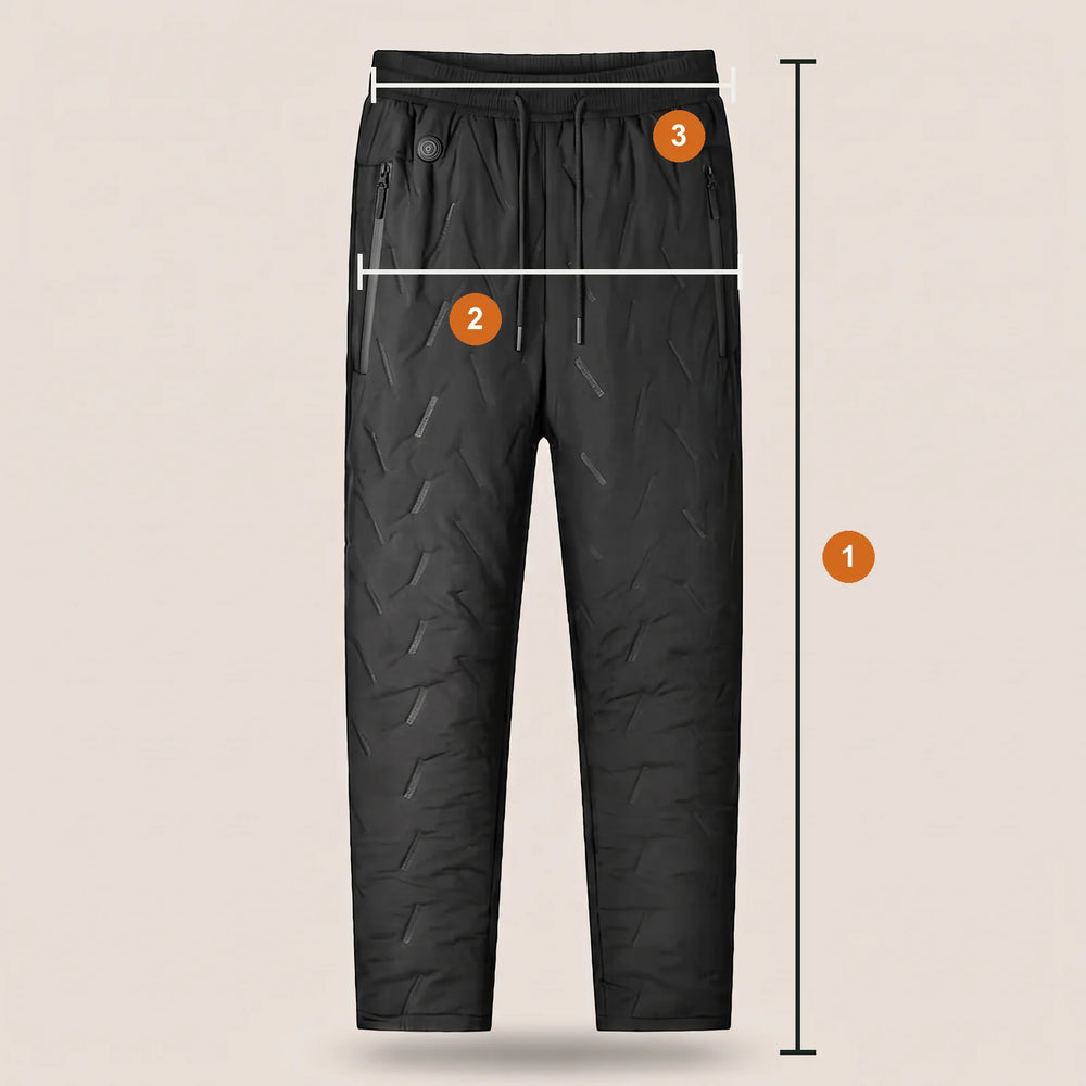 Pants with measuring lines: 1 length, 2 hip, 3 waistband