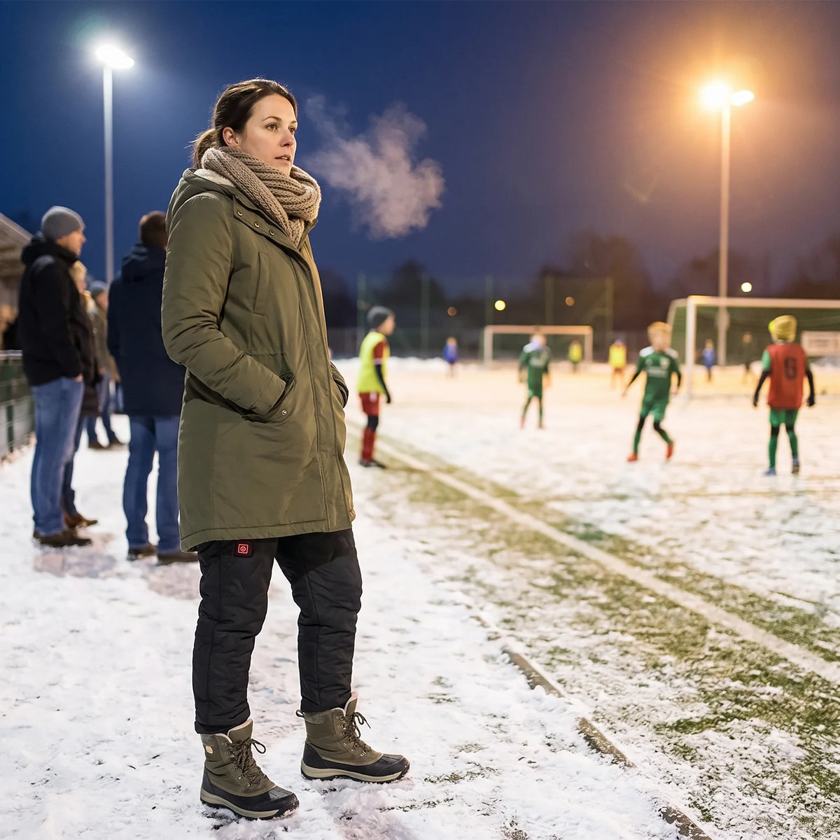 Woman in black heated pants at the edge of a snowy soccer field under floodlights