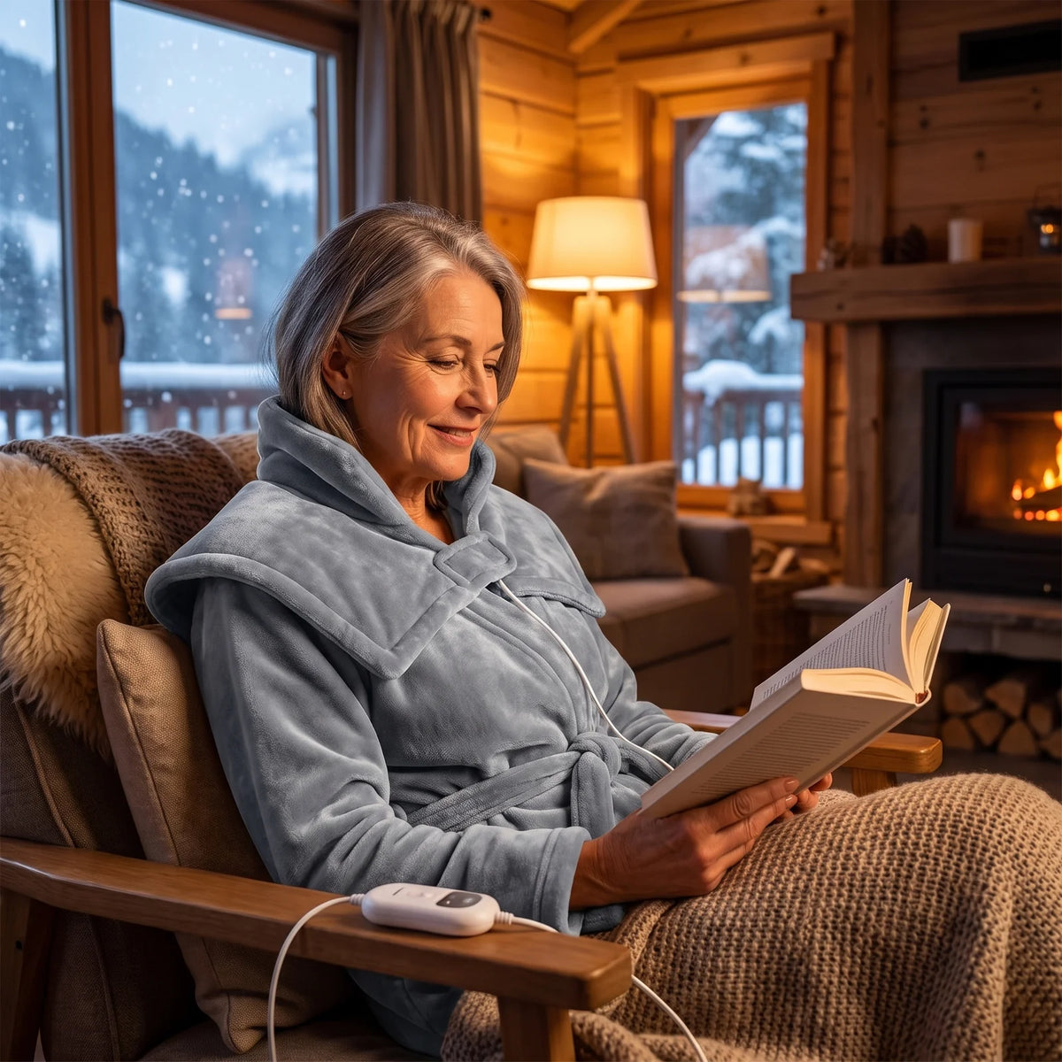 Woman wearing the heated wrap reads in an armchair in a log cabin while it snows outside