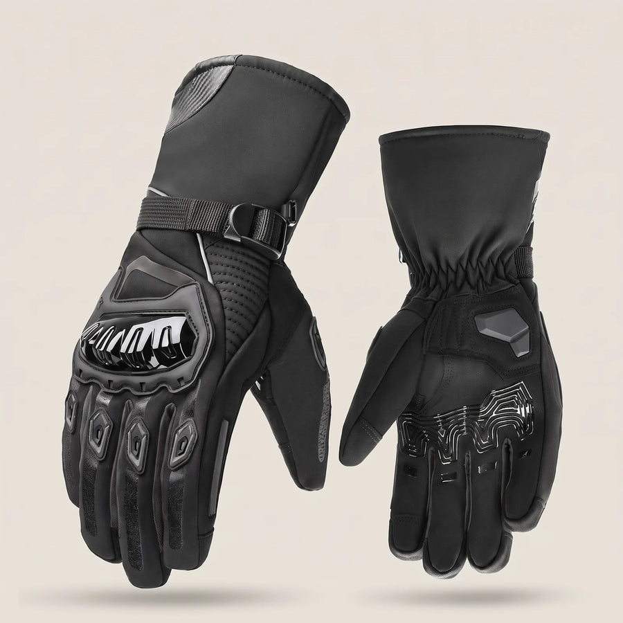 BergHeat Hairpin winter motorcycle gloves in black with knuckle guard and long gauntlet