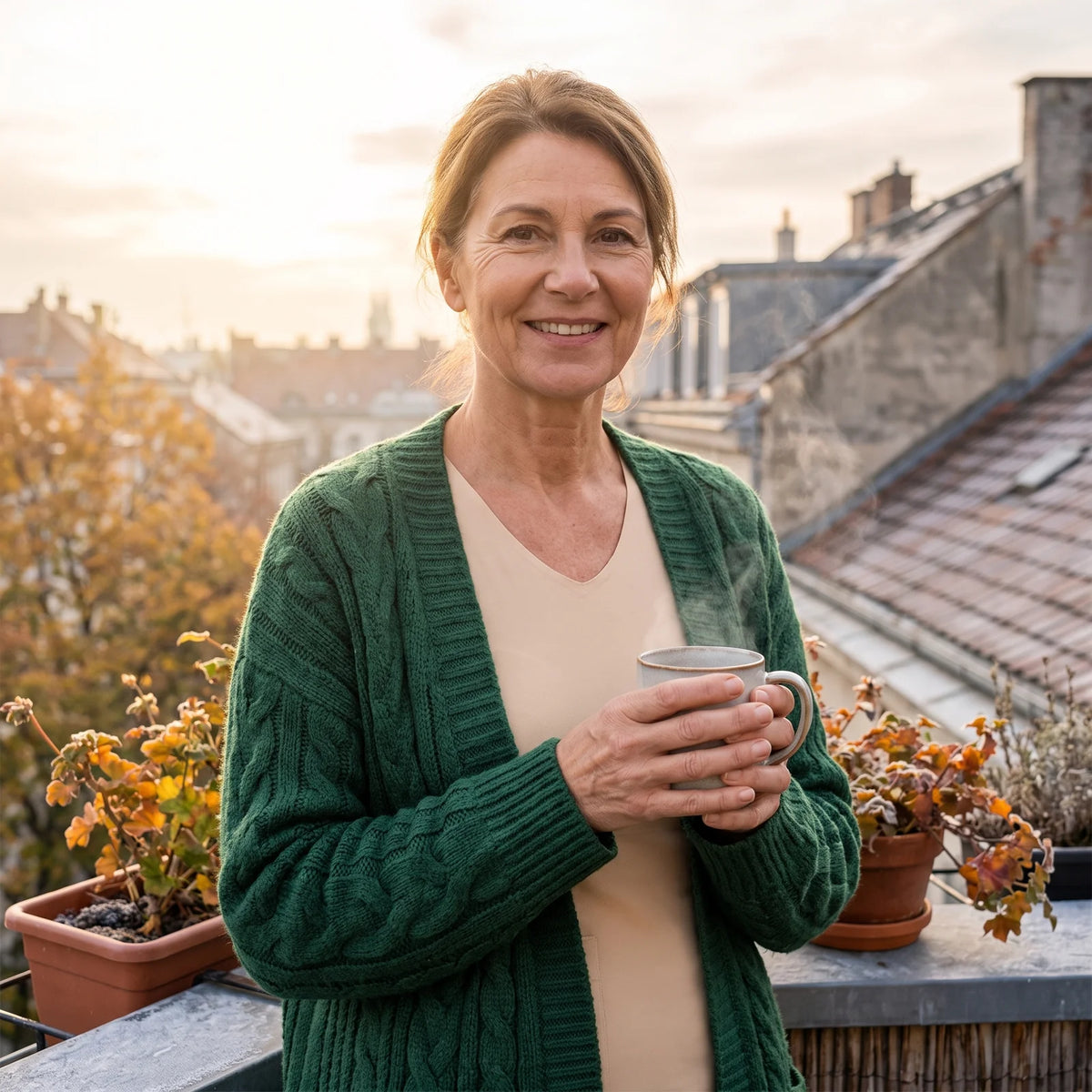 Woman with a beige undershirt under a cardigan holding tea on a balcony in the morning