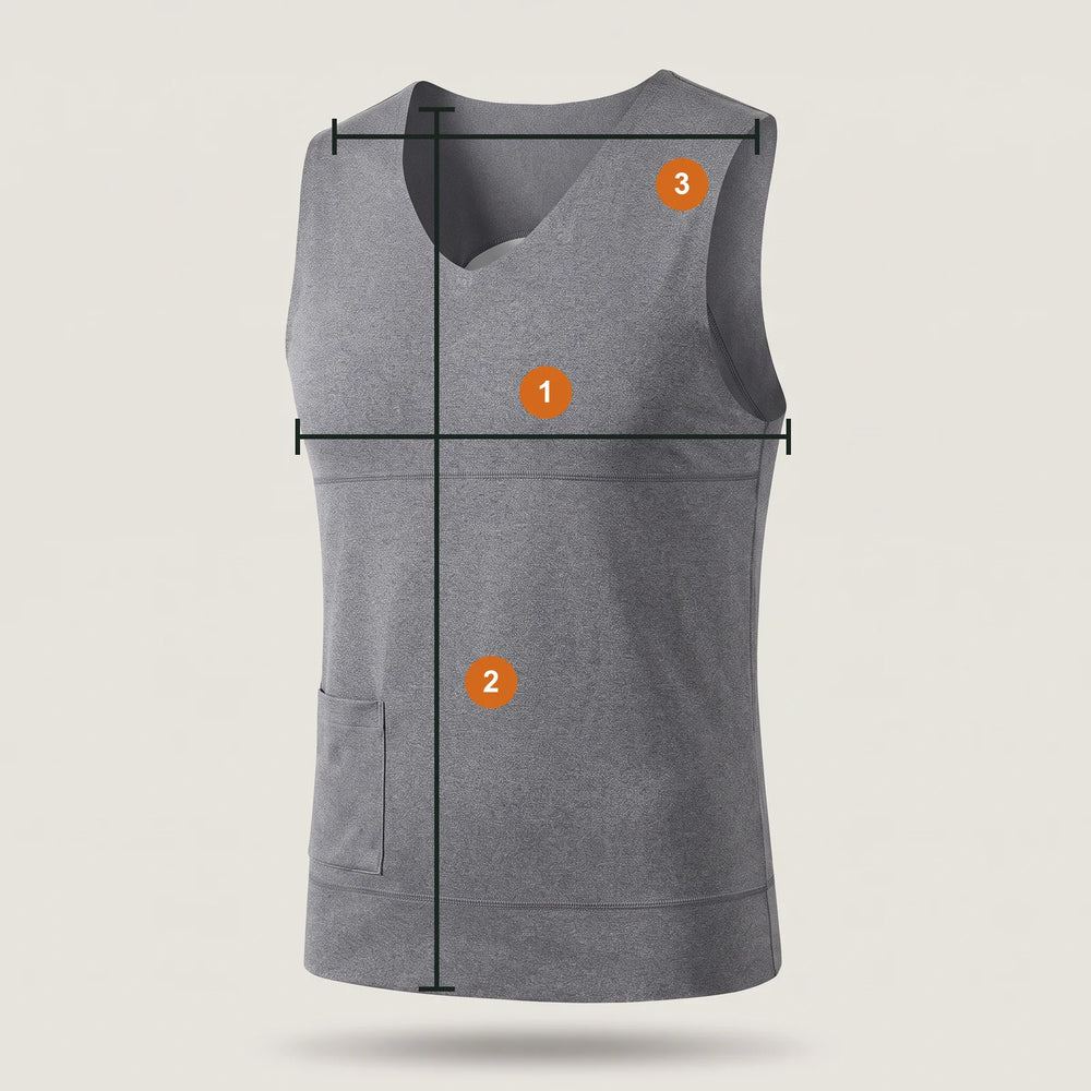 Undershirt with measuring lines: 1 chest, 2 length, 3 shoulder width
