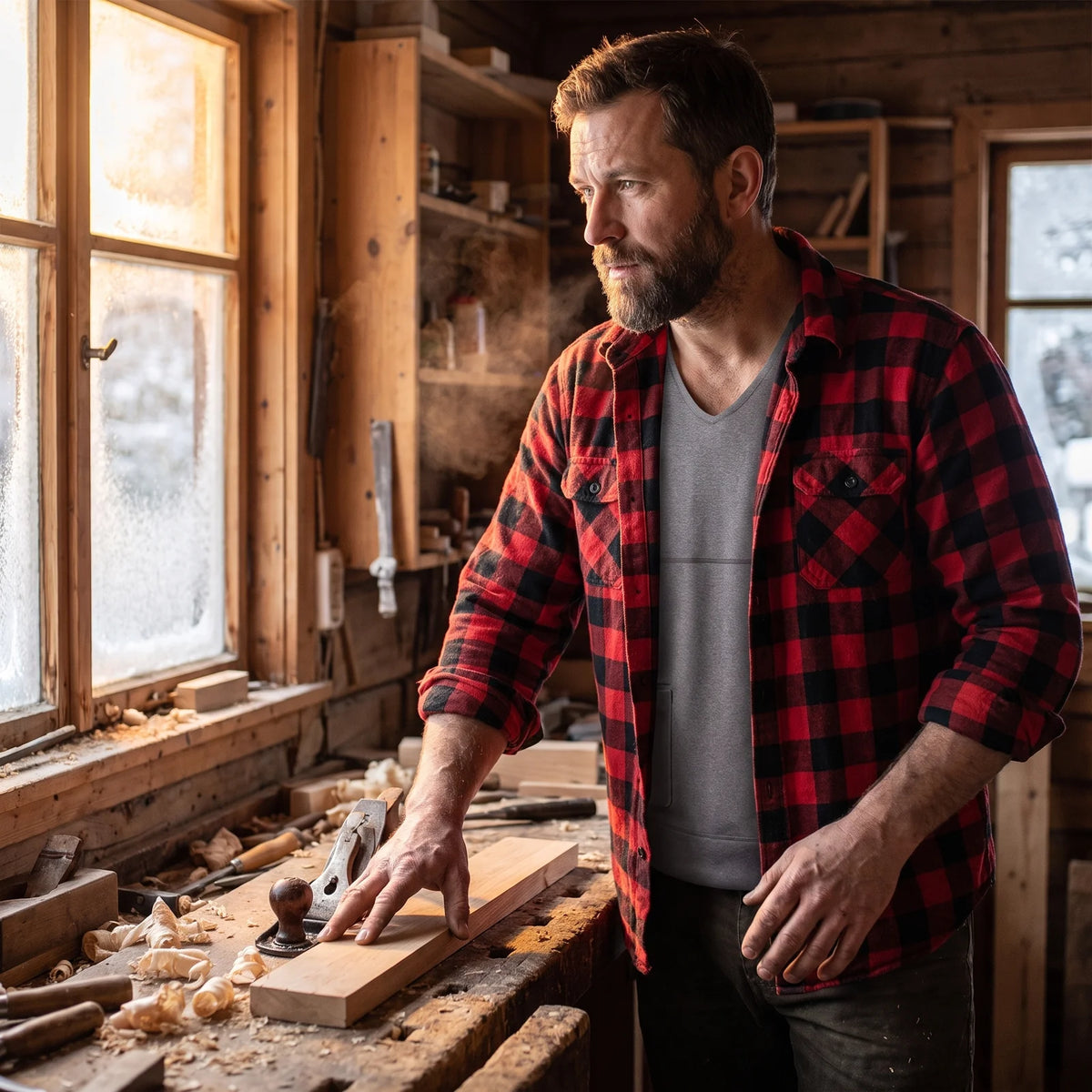 Man with a gray undershirt under an open flannel shirt at a workbench in a cold workshop