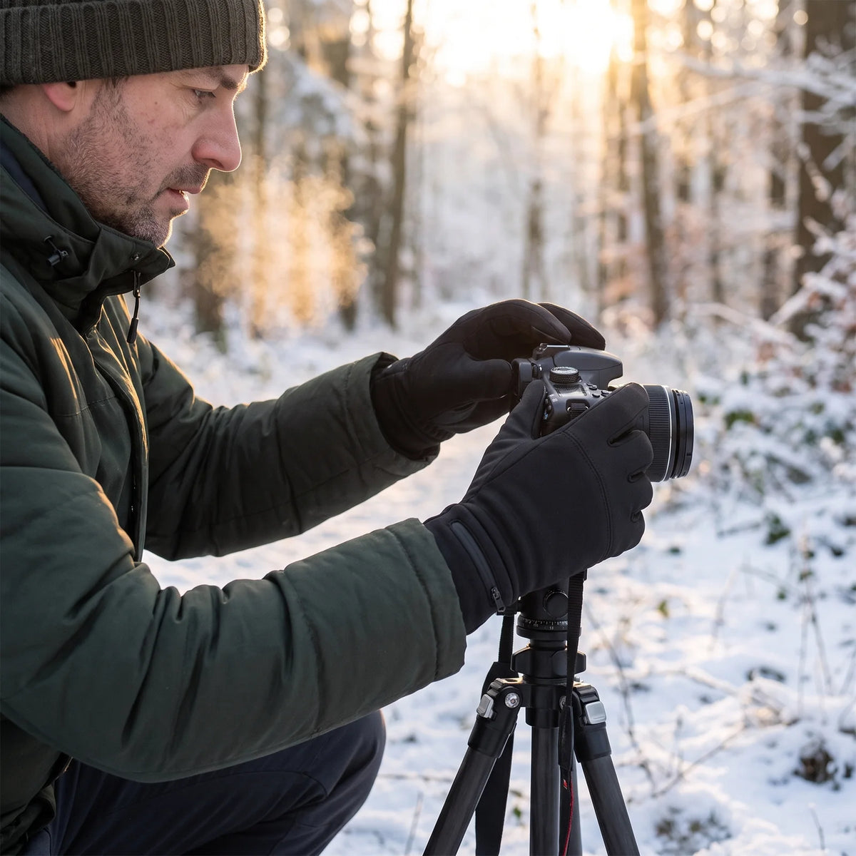 Photographer adjusting his camera in a snowy forest, wearing thin heated gloves
