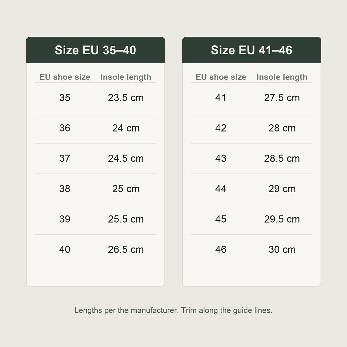 Table: insole length for each shoe size from EU 35 to 46