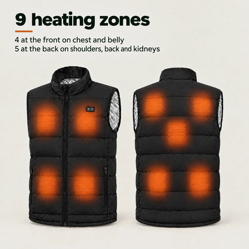 BergHeat Ridge front and back: 4 heating zones on chest and belly, 5 on shoulders, back and kidneys