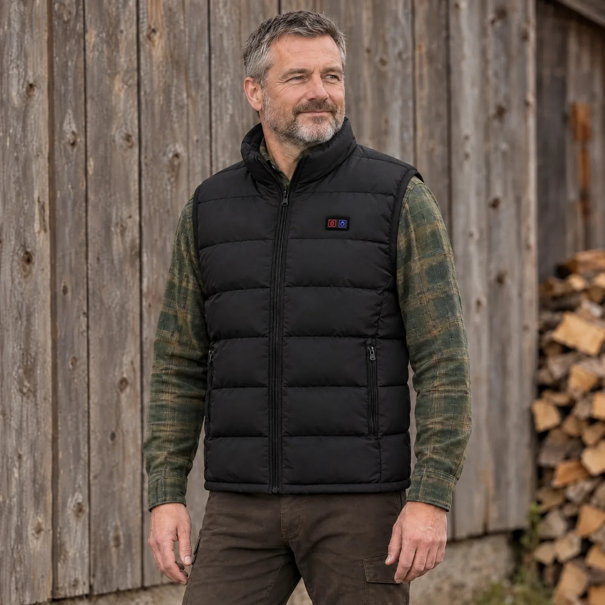 Man wearing the Ridge heated vest over a flannel shirt in front of a barn