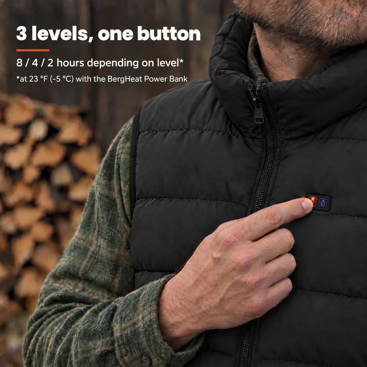 Finger pressing the chest button of the Ridge – 3 levels, 8, 4 or 2 hours at 23 °F (−5 °C)