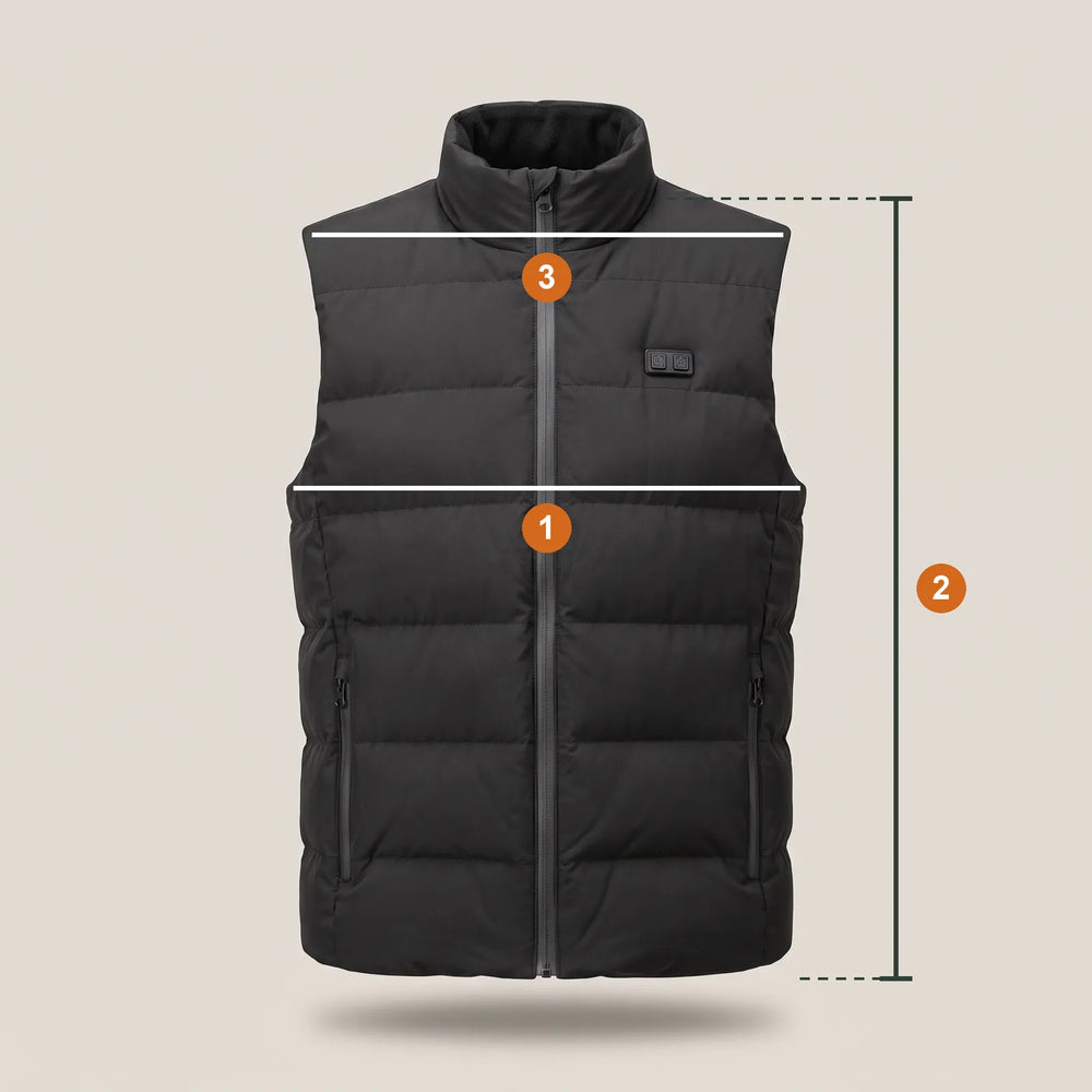 Heated vest 2.0 with three measuring lines: 1 chest, 2 length, 3 shoulder width